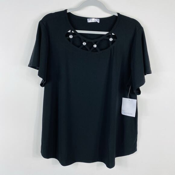 89th + Madison Size XL Jewel Neck Short Sleeve Blouse Top Black - Picture 1 of 5